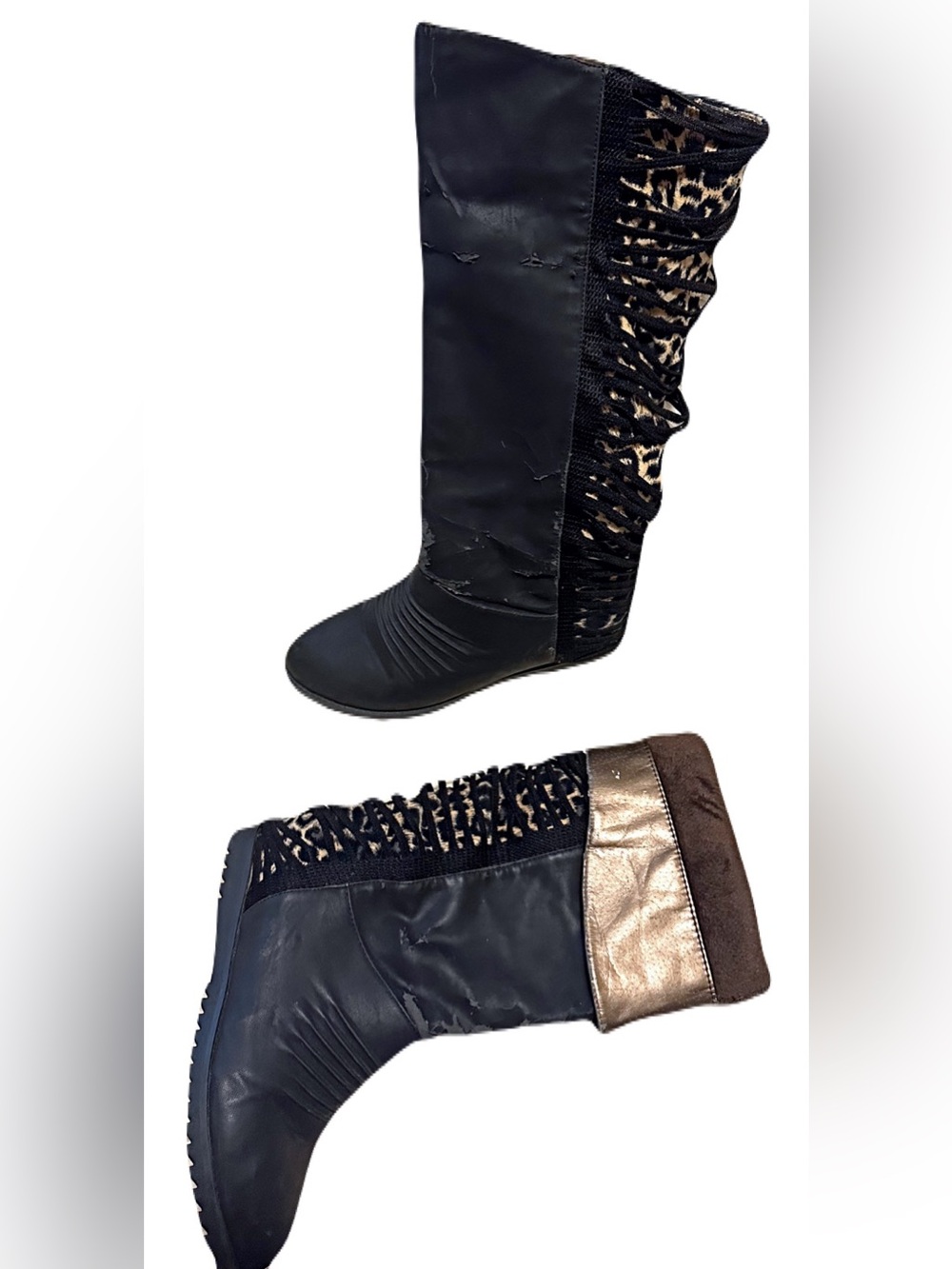 Women's Black and Brown Fold-Over Boots with Animal Print Accent soft material